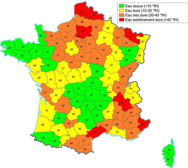 Dureté de l'eau en France, région calcaire